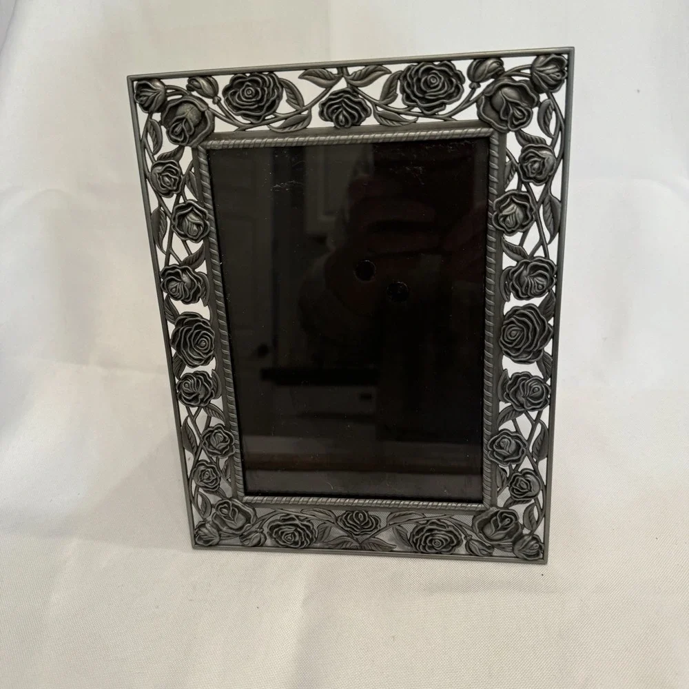 Vintage Silver Filigree Metal 7x9 Photo Frame Floral Ornate Wedding Decor VTG